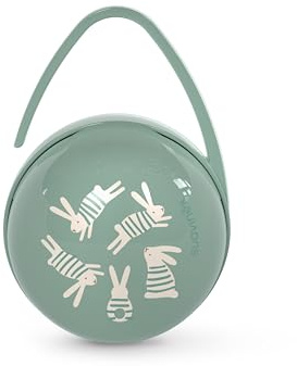 Suavinex, Portaciuccio per bebè, per trasportare 2 ciucci separati, con manico per appenderlo alla borsa, al passeggino, alla culla, scatola portaciuccio, custodia per ciucci, Wonder Coniglietti verde