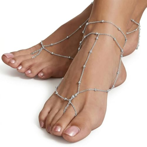 2 Pezzi Cavigliera Donna in Lega Catena Sottile Argento, Cavigliere Boho Regolabili per Piedi Nudi, Set Gioielli Estivi da Spiaggia Elegante per Ragazze e Donne