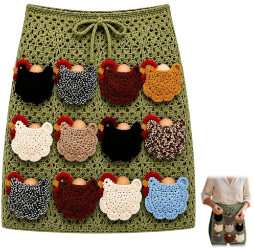 Handmade Crochet Chicken Egg Collecting Apron, Cute Hen Pocket Egg Gathering Apron with Pockets, For Fresh Eggs Farm Chicken Coop (Green, Multicolour)