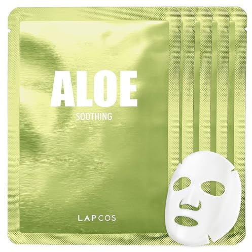 Lapcos Aloe Face Mask 5 Pack - Luxurious Skin Care with Aloe Leaf Extract and Cucumber Extract to Combat Irritation and for Maximum Skin Hydration