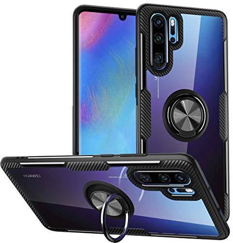 Schutzhülle für Huawei P30 Pro, Glasfaser, transparent, mit Einer um 360 Grad drehbaren Halterung, Fingerring, magnetische KFZ-Halterung, schwarzer Rahmen