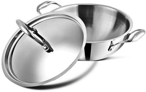 Vinod Platinum Extra Deep Stainless Steel Tri Ply Kadai Wok Saucepan Induction Friendly with Stainless Steel Lid (26 cm.Diameter-4.1 LTR.)