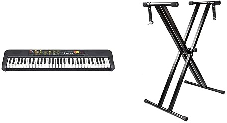 Yamaha PSR-F52 Digital Keyboard, black - Compact digital keyboard & RockJam RJX29 Double Braced Adjustable Keyboard Stand with Locking Straps, Black