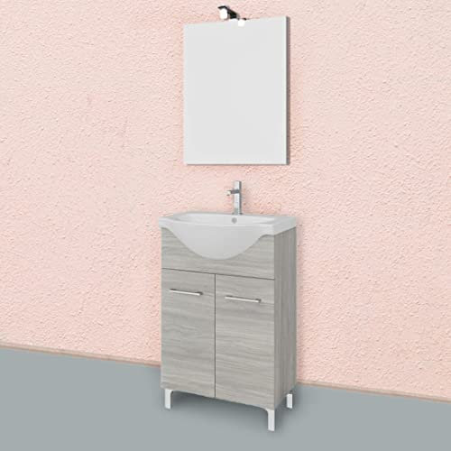 Kiamami Valentina - Mobile bagno con piedini rovere grigio completo di lavabo e specchio 56cm