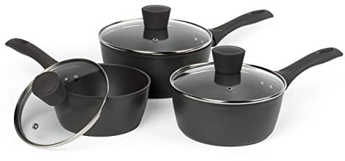 Salter COMBO-8115 Cosmos 3-Piece Pan Set, Non-Stick Saucepan Set, 16/18/20 cm, Forged Aluminium Cookware, Induction Pans, PFOA-Free, Soft-Touch Handles, Corrosion Resistant, Dishwasher Safe, Grey