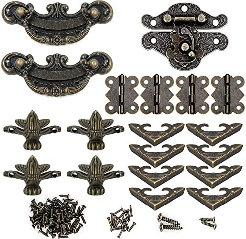 Serratura antica in rilievo, 8 protezioni angolari, 4 Antico Decorazione Piedi in Metallo Gambe, 4 pBronzo Antico Cerniere, 2 Maniglie per Cassetti Vintage, per Scatole di Legno