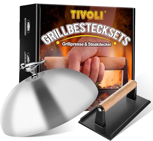 TIVOLI Set di campanello per hamburger e pressa per hamburger, diametro 23 cm, in acciaio inox, 20,5 cm, in ghisa antiaderente, set di due pezzi per barbecue all'aperto, Flat Top teppanyaki.