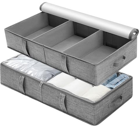 WOVTE Under bed Storage Box with Lids, 2Pack 50L Large Under Bed Storage, Foldable Clothes Storage Box with Handle and freely adjustable dividers, for Clothes Blankets Shoes Pillows