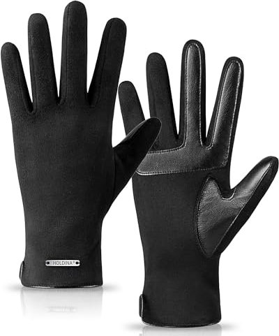 HOLDINA Damen Winter Handschuhe Warm, Touchscreen mit Rutschfestem Leder, Damen Handschuhe mit Fleece Gefüttert (Schwarz-M)