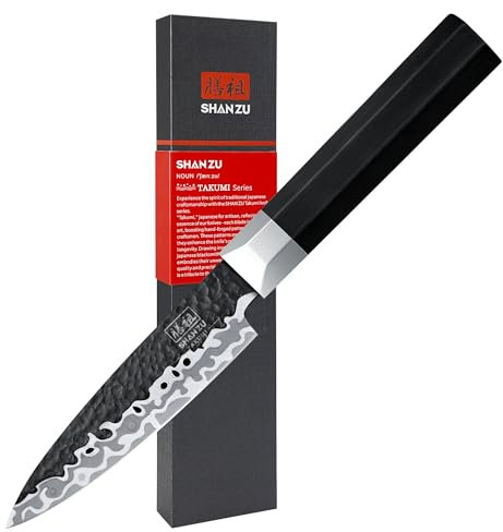 SHAN ZU Coltello da Frutta 9.6 cm, Giapponese 9Cr18MoV Acciaio Inossidabile, 7 Strati Forgiati a Mano, Professionale Coltello da Cucina, ultra-tagliente, Ergonomico G10 Manico
