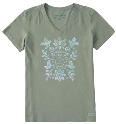 Life is Good Women's Crusher Tee Shirt, Short Sleeve Cotton Graphic T-Shirts, Folk Art Garden Tie Dye, Moss Green, Large