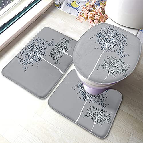 Alfombra De Baño De 3 Piezas Árboles Hojas Capas Separadas Gris Antideslizantes Pedestal Tapa Estera Absorbentes Alfombra De Ducha Imprimir Juego De 3 Alfombrillas De Baño