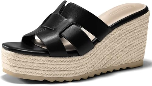 Coutgo Women's Wedge Sandals Platform Espadrille Heels Open Toe Strappy Slip On Casual Summer Slide Shoes, Black, Size 7