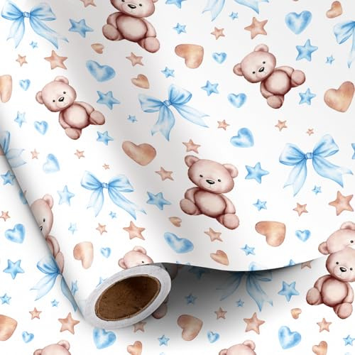RUSPEPA Björnrosett omslagspapper rulle för baby, pojke, minirulle, blå björn med hjärta, rosett och stjärna presentpapper för baby shower, födelsedag och speciella tillfällen, 43,2 cm x 5 m