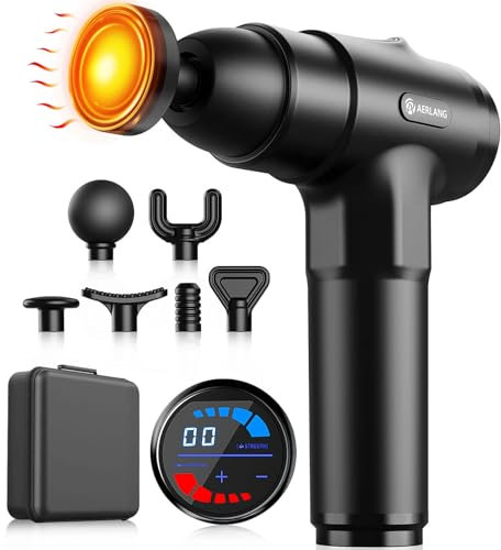 AERLANG Pistola de Masaje Muscular con Calor – Masajeador Muscular Profundo con 20 Velocidades, 7 Cabezales y Pantalla LED, Masajeador Cervical y Espalda – Regalo para Hombre, Mujer, Papá y Mamá