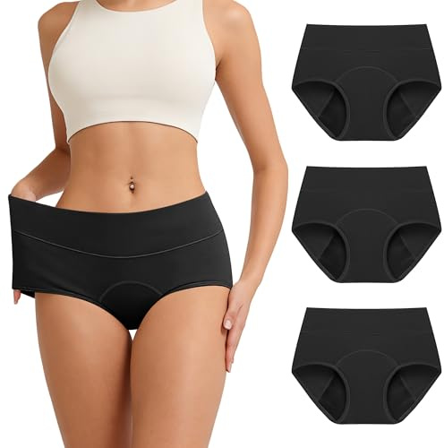 RFOGJV Period Pants for Women Heavy Flow High Waist Leakproof Menstrual Period Underwear Mesh Breathable Extra Protective Postpartum Panties Pack of 3,Black,XL