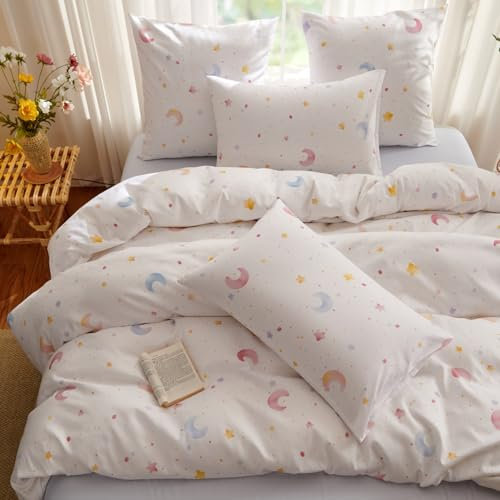 Freyamy Weiß Sterne Bettwäsche 200x220,Mond Muster Bettwäsche-Sets 3tlg,Weich Aesthetic Kinder Wende Bettwäsche Gewaschene Mikrofaser Bettbezug mit Reißverschluss und 2 Kissenbezüge 80x80cm