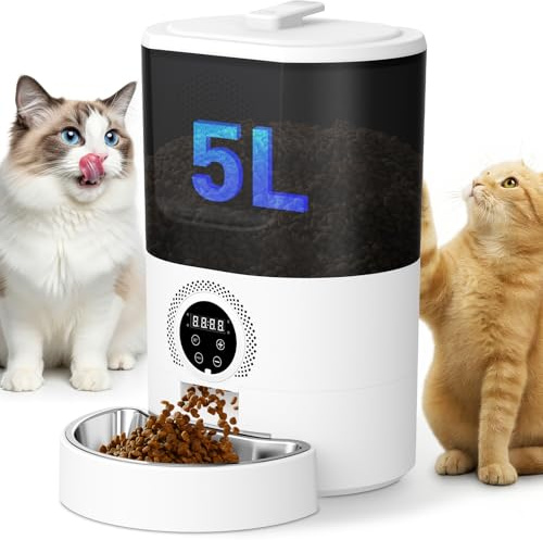 Distributore Automatico Cibo Gatti, 5L Distributore Cibo Gatti con Ciotola in Acciaio Inox 1-5 Pasti al Giorno al Giorno Timer Programmabile Distributore Cibo per Cani/Gatt
