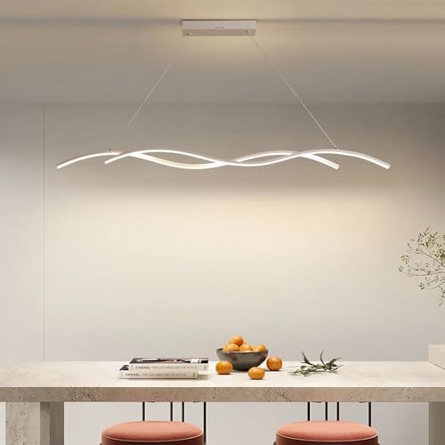 Lámpara Colgante LED para Comedor Moderna con Forma Ondulada Mesa de Comedor Iluminación Regulable 3000K-6000K Mando a Distancia Lámpara de Aplique Altura Ajustable para Oficina Bar (Weiß,120cm)