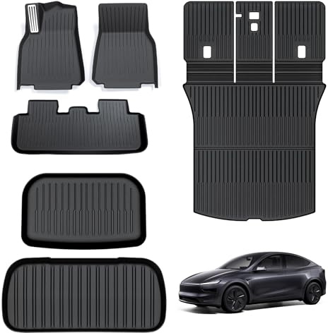 TOPABYTE Tapis de Sol pour Tesla Model Y Juniper 2025 2026 Kit de Toutes Saisons, Tapis de Coffre Avant et Arrière, Housse de Dossier Deuxième Rangée de Sièges en TPE Imperméable