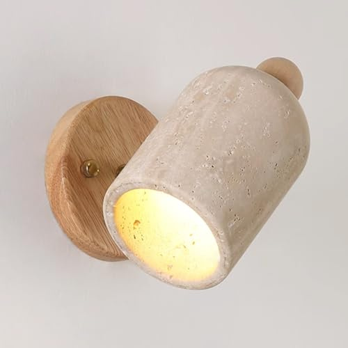 ZHKABEG Lámpara de pared de piedra estilo Wabi Sabi, aplique de travertino amarillo ajustable a 180°, lámpara de noche de mármol natural estilo japonés for dormitorio, sala de estar(Wood color)
