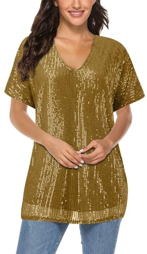 Haut Paillettes Femme a Paillette Soiree Disco Chemisiers Tenue De Réveillon Bal Top Doré T-Shirt À pour Manche Longue Chemisier Col V Chic Pull Resille Plissé Argenté Noir Brillant