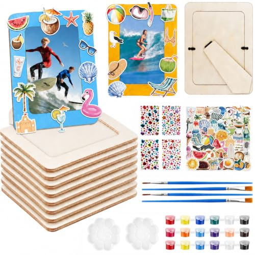 Xecamuvila Set de 8 Marcos de Fotos de Madera DIY para Manualidades – Marcos creativos de Madera para Pintar y Decorar con Piedras Brillantes y Pegatinas, Set de Marcos de Fotos de 6 Pulgadas para