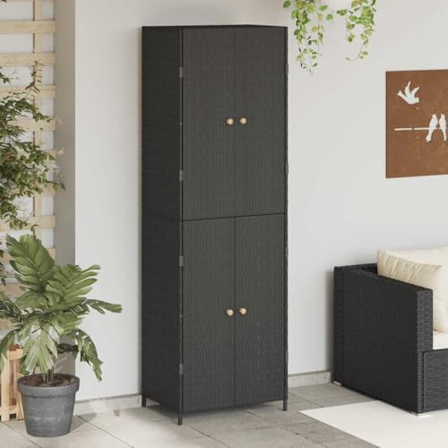Augerlite Armoire de jardin noire 59 x 40 x 180 cm en polyrotin avec cadre en acier revêtu par pulvérisation et poignées en bois d'acacia, armoire polyvalente avec 4 compartiments pour outils, ménage