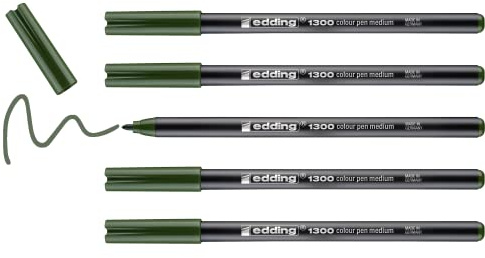 edding 1300 colour pen medium - olive green - 5 pens - round nib 2 mm - felt pen for drawing and writing - felt pen for school, mandalas, bullet journals