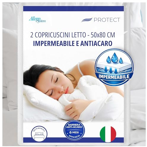 Allergosystem 2pz. Federa Copricuscino Antiacaro Impermeabile 50x80cm - Federe Cuscino Letto Matrimoniale Anallergico MADE IN ITALY - Linea Protect
