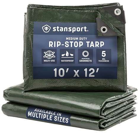 Stansport Medium-Duty Rip-Stop Tarp 10' x 12' - Dark Green (T-1012) - Medium Duty Waterproof for Outdoor Camping - 5 Mil Thick, Durable and Reliable Cover for All Your Camping Needs