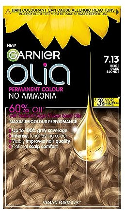 Garnier Olia Permanent Hair Dye, No Ammonia, Full Grey Coverage, Long-lasting Colour & Shine, Vegan Formula, Colour: 7.13 Beige Dark Blonde, 230g