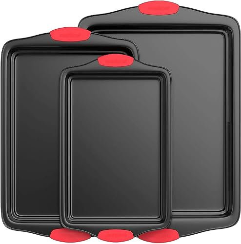 NutriChef Set 3 Teglie da Forno Antiaderente, Acciaio al Carbonio con Rivestimento Grigio, Maniglie in Silicone Rosso, 4.5 Litri, Nero
