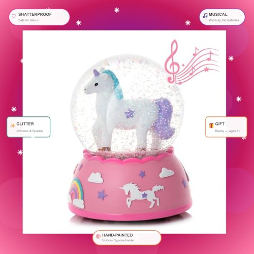 Daughters List Shatterproof Unicorn Snow Globe for Girls - Hand-Painted Musical Water Globe with Glitter - Plastic Unbreakable Kids Snow Globe - Gift for Toddlers & Little Girls Ages 3+