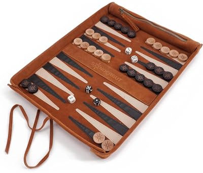 Sondergut Backgammon Deluxe - Patentiertes Klappdesign & Echtleder - Edles Design - Premium Buchenholz Spielsteine 30x40cm