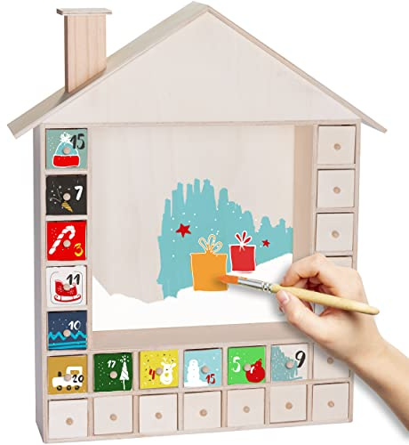 BRUBAKER Calendario de Adviento Reutilizable para Llenar con 24 Cajones - Calendario de Navidad DIY para Pintar, Hacer Manualidades y Autodiseñar - En Blanco - 40,3 cm de Altura