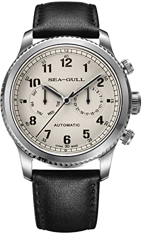 SEA-GULL Seagull Montre Homme Sport Multifonction Saphir Lumineuse Automatique Mécanique Série Pilote, blanc, Classique