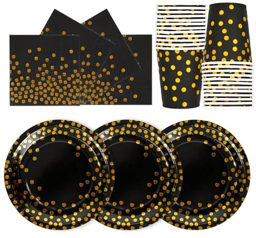 PYAILI Oro Nero Stoviglie Feste 72 Pezzi Verde Erba Festa della Addobbi Ragazza Compleanno Dambini Articoli Feste Set Include Piatto Usa e Getta Carta Party Tazze Tovaglioli-24 Ospiti