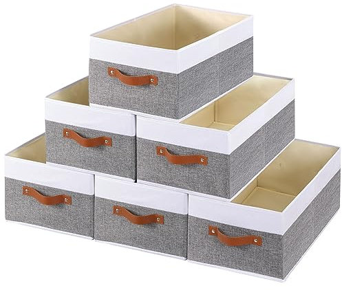 YheenLf 6 Stück Faltbare aufbewahrungsbox, Stoffboxen Aufbewahrung mit Griffen, Schrank Organizer, Aufbewahrungskorb für Kleidung, 33×23×14cm, Weiß und Grau