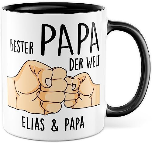 Tasse personalisiert Vater Geschenk, Bester Papa der Welt Name & Name Geschenkidee Vatertag Kaffeetasse mit Spruch Kaffee-Becher eigene Namen personalisierbar Sohn Tochter Geburtstag (Weiß/Schwarz)