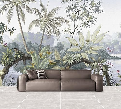Papier Peint Arbres Tropicaux Panoramique 3D forêt Tropicale Tropicale Cocotier Papier Peint Lac Plante Murale Salon Chambre à Coucher Maison Décoration Intérieure (200x150 cm)