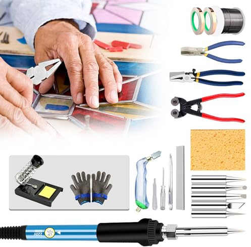 CYTBEK Buntglas-Set, Buntglas-Starter-Werkzeug-Set (23-teilig), professionelles, einfaches DIY-Glas- und Mosaik-Werkzeug-Set, Glasschneider-Werkzeug und Lötkolben-Set für Glasarbeiter/Glas
