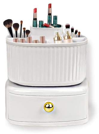 Teaque 360° Ruota Organizzatore di Trucco, Organizzatore per Cosmetici con Contenitore, Makeup Organizer per la Tavola da Toeletta Della Decorazione Della Stanza, Camera da Letto, Bagno (Bianco)