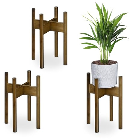Relaxdays Support pour Pot de Fleurs, Lot de 3, D: 20 cm, Porte-Plante, Meuble pour Plantes, Bambou, Marron