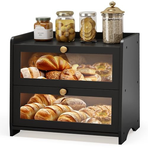 JANSNIMEN Double Layer Bread Box for Kitchen Countertop, Large Breadbox Bread Container Storage with Acrylic Door, Wooden Farmhouse Bread Holder (Black, Medim-15.7 L x 9.5 W x 13 H)
