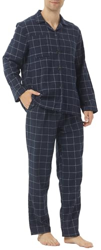 LNFINTDO Mens Flannel Pyjamas Set Cotton Checked Lounge Wear with Pocket Long Sleeve Top and Bottoms 2 Piece Soft Nightwear Winter Warm Pjs Navy