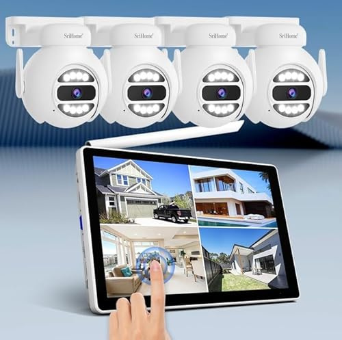 SriHome WiFi CCTV Kit, 4 x 5MP Cameras, 10.1 Inch Monitor, Night Vision, Motion Detection, Remote Display