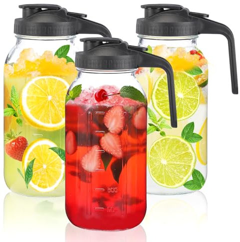 Glass Mason Jar Pitcher with Pour Spout Lid, 64OZ Leak-proof Wide Mouth Jugs for Cold Brew Coffee, Breast Milk Storage, Water, Sets of 3