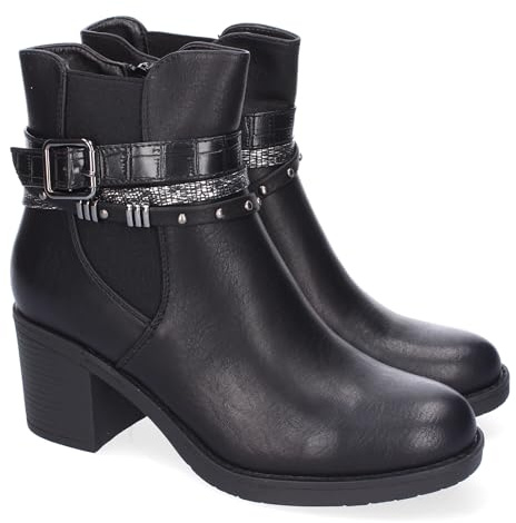 shoes&blues.es 87815 Botin de Tacon para Mujer, Comodos y Elegantes, Diseno Moderno, Adorno de Hebilla en la Cana, Material Elastico, Cierre de Cremallera Lateral. Negro Talla 37