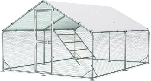 Großer Hühnerstall aus Metall 4x3x2m mit Dachabdeckung Hühnergehege für Garten Wetterfestes Freilaufgehege für 6 bis 10 Hühner mit Zubehör und Sitzleiter